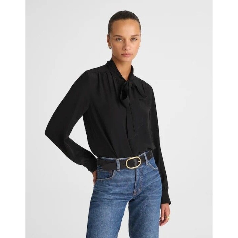 MADEWELL Tie-Neck Long-Sleeve Top M Black Button Shirt Satin NWT B55